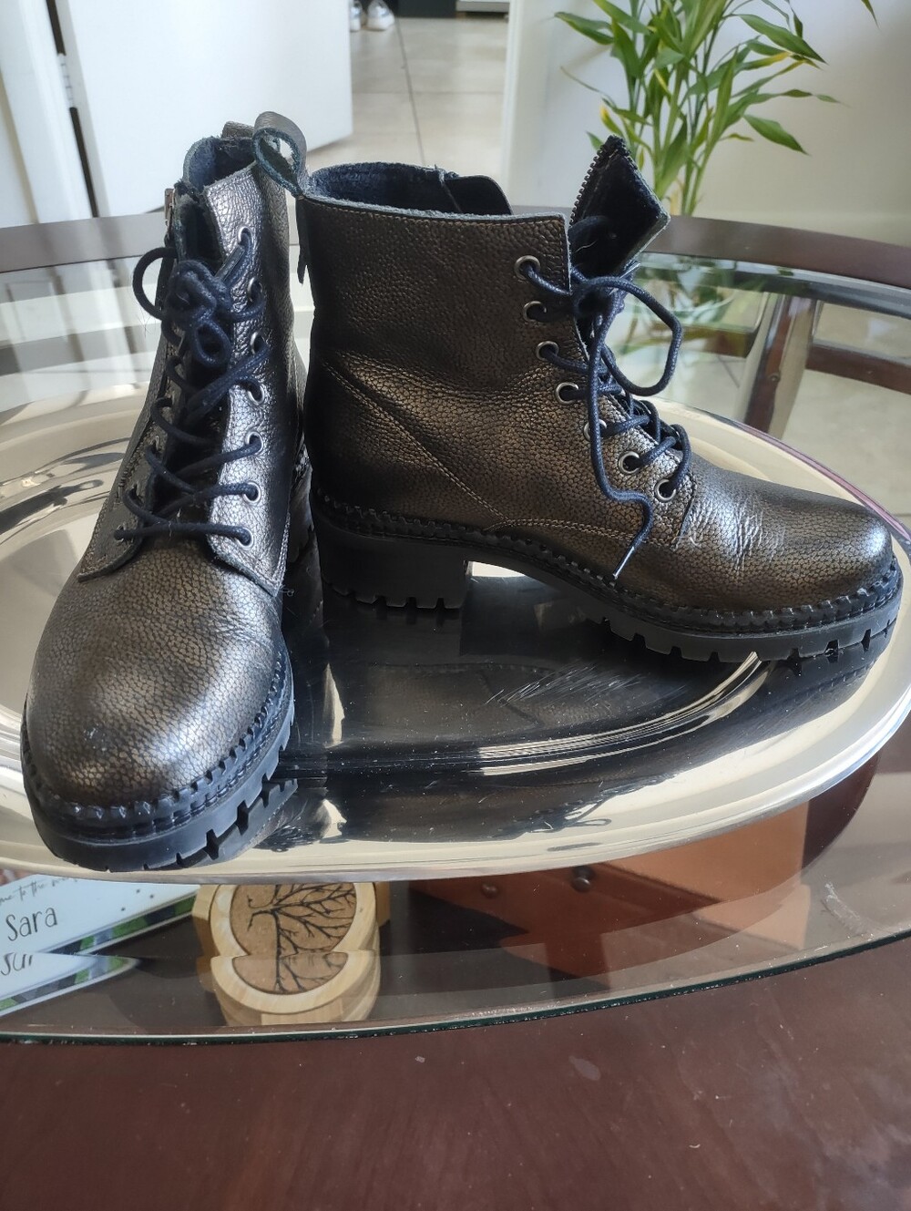 Winter Black Metallic Leather Lace-Up And Zipper Combat Boots for Women